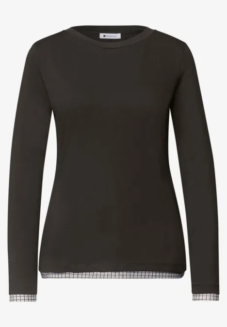 Langarm Shirt mit karierten Meshdetails black coffee Schwarzes Langarmshirt mit rundem Ausschnitt und dezent karierter Saumverzierung
