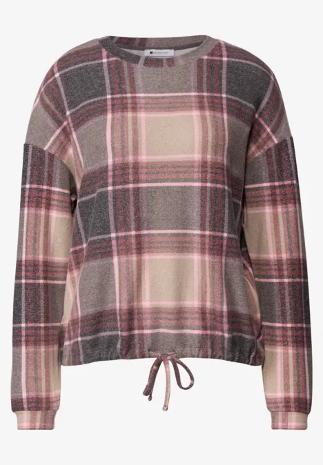 Damen-Pullover mit Karomuster in Beige, Rosa und Braun, mit Rundhalsausschnitt und Kordelzug am Saum.