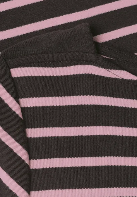 Koszulka z rękawami 3/4, dekoltem w łódkę i w paski vintage blush Brązowy materiał z różowymi poziomymi paskami i kapturem