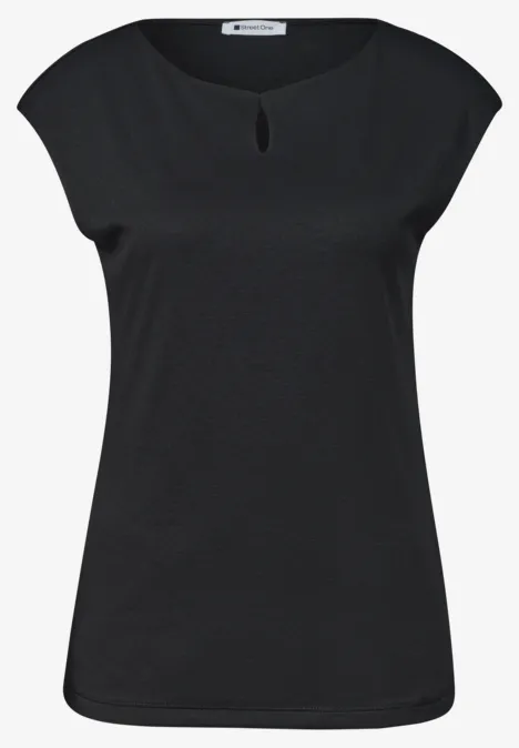 Dropped Shoulder Shirt mit Cut-Out Black Schwarzes ärmelloses Damenoberteil mit rundem Ausschnitt und kleinem Keyhole-Detail