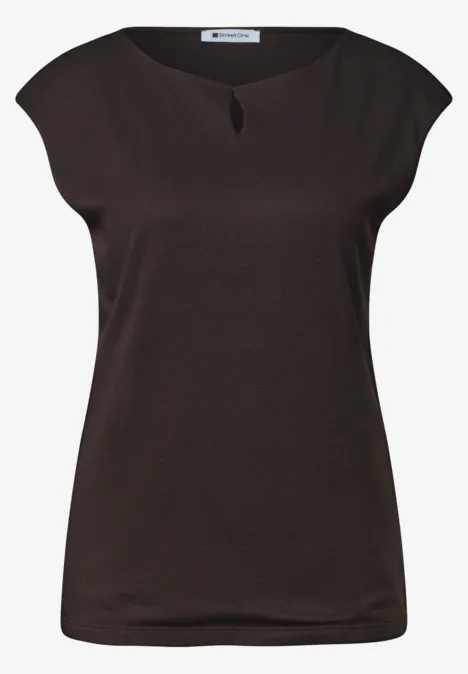 Haut femme marron foncé à manches courtes avec petite fente à l'encolure
