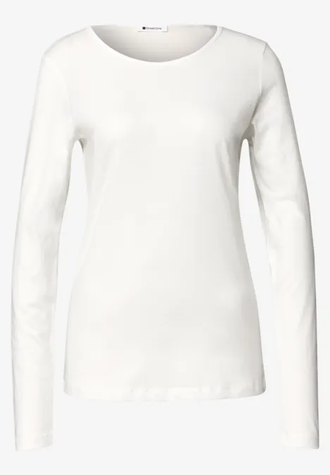 Jednokolorowa koszulka Basic z długim rękawem off white Prosty biały damski top z długimi rękawami, okrągłym dekoltem i dopasowanym krojem.