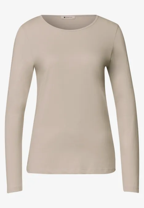 T-shirt basique à manches longues, couleur unie clay sand Beiges Langarmshirt mit Rundhalsausschnitt, schmaler Passform für Damen.