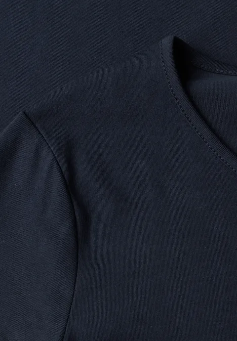Jednokolorowa koszulka Basic z długim rękawem darkest blue Granatowy bawełniany T-shirt z okrągłym dekoltem i szwem na ramieniu
