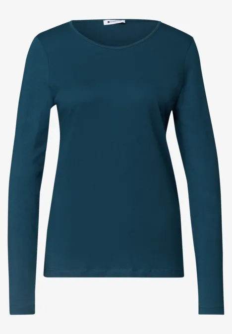 T-shirt basique à manches longues, couleur unie blue petrol Dunkelgrünes, langärmeliges Damen-Shirt mit rundem Halsausschnitt und schlichtem Design.