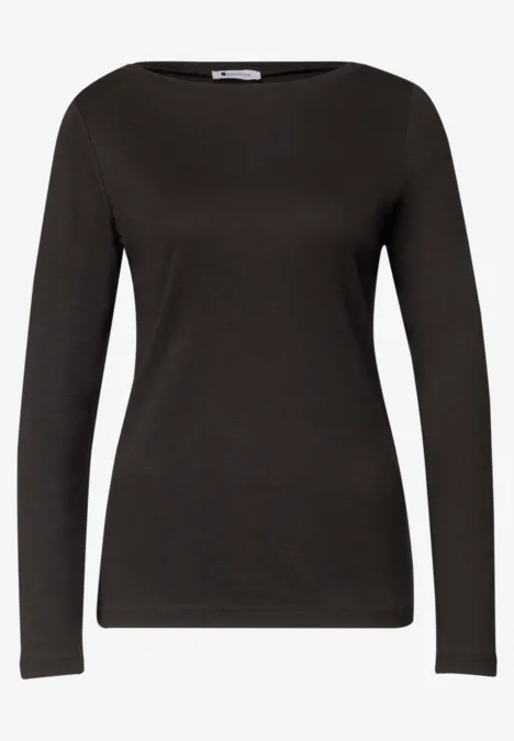 Langarm Shirt mit U-Boot-Ausschnitt black coffee schwarzer, schlichter Langarm-Pullover mit Rundhalsausschnitt