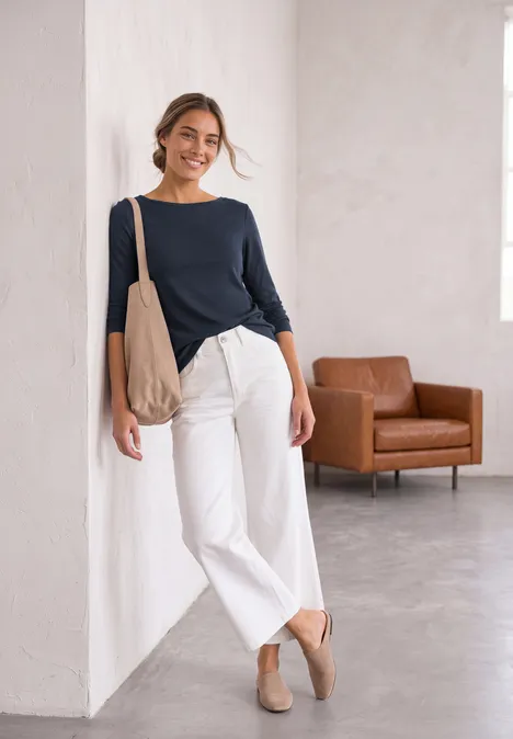 Langarm Shirt mit U-Boot-Ausschnitt darkest blue Junge Frau lehnt lässig an weißer Wand, trägt dunkelblaues Shirt, weiße Hose, beigen Shopper und Slipper.