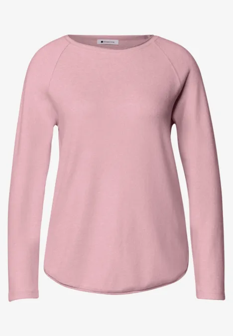 T-shirt à manches longues, col rond et bord roulé vintage blush mel. Rosa Langarmshirt aus weichem Stoff mit rundem Halsausschnitt und abgerundetem Saum.