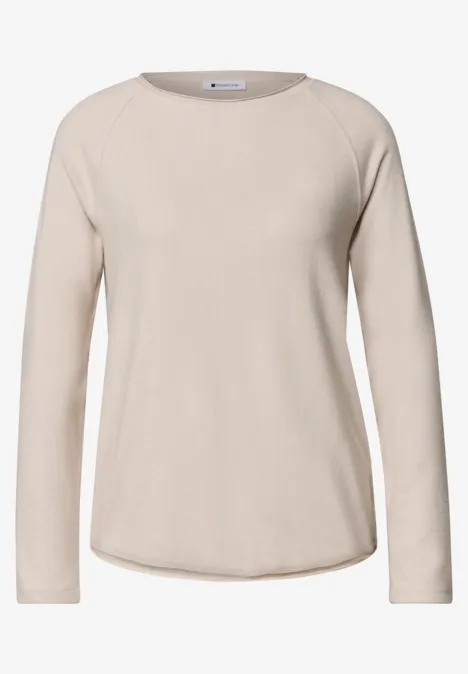T-shirt à manches longues, col rond et bord roulé clay sand mel. Beiges Langarmshirt mit rundem Ausschnitt und geradem Schnitt