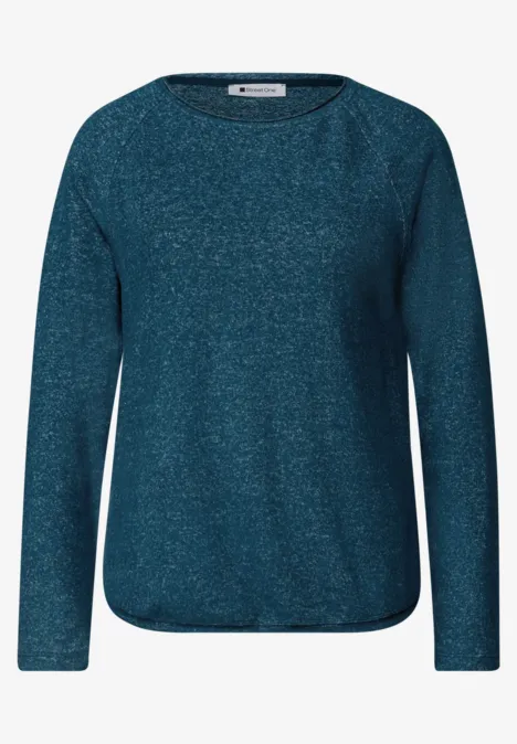 Dunkelblauer, melierter Pullover mit Rundhalsausschnitt und langen Ärmeln.