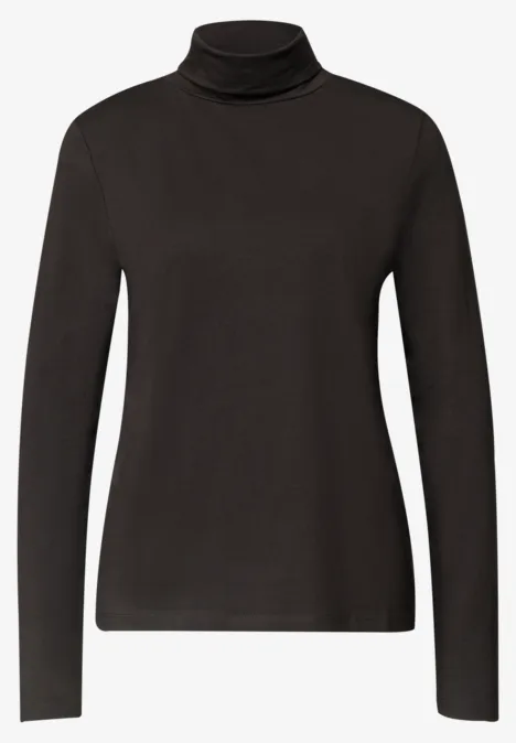 Schwarzes langärmeliges Rollkragen-Shirt aus glattem Stoff