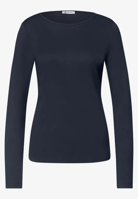 Schwarzes Langarm-Damen-Shirt mit Rundhals, schlicht und elegant.