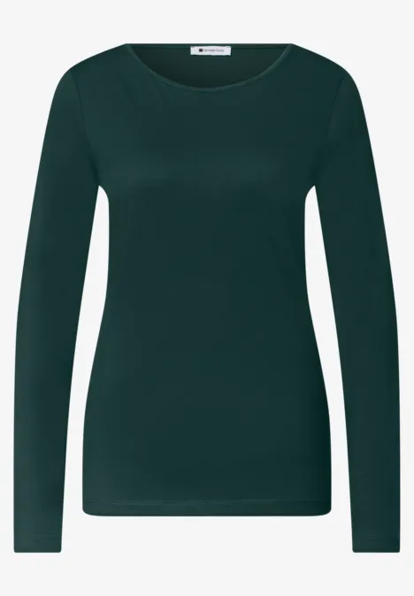Donkergroene damesjersey met lange mouwen en ronde hals, eenvoudig en lichtgetailleerd ontwerp.