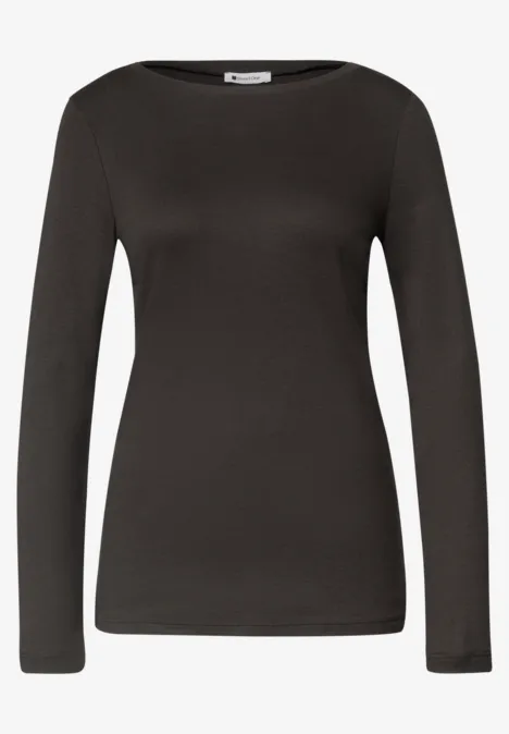 Schwarzes, schmal geschnittenes Langarmshirt mit Rundhalsausschnitt.