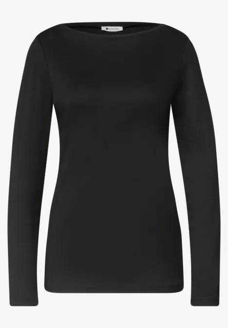Schwarzes, eng anliegendes Langarmshirt mit Rundhalsausschnitt, schlichtes und vielseitiges Basic-Oberteil.