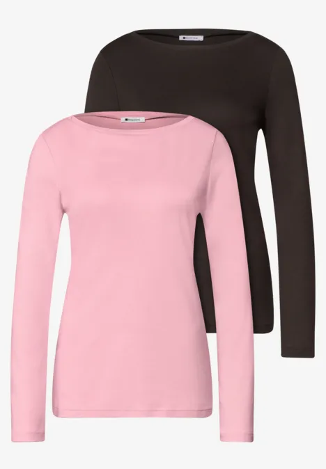 Zweierpack langärmeliger Damen-Shirts in Rosa und Schwarz mit Rundhalsausschnitt