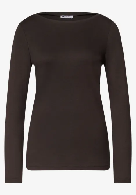 Schlichtes dunkelbraunes Langarmshirt mit rundem Halsausschnitt und schmaler Passform.