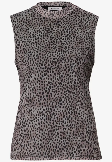 Débardeur sans manches à motif léopard discret gris et marron.