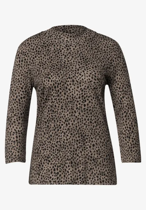 3/4-Arm Shirt mit Turtle Neck und Print Black Klassisches Leoprint-Top mit 3/4-Ärmeln, Braun mit schwarzen Flecken und Rundhalsausschnitt