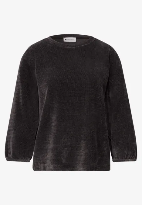 Schlichter schwarzer Samt-Pullover mit Rundhalsausschnitt und langem Ärmel