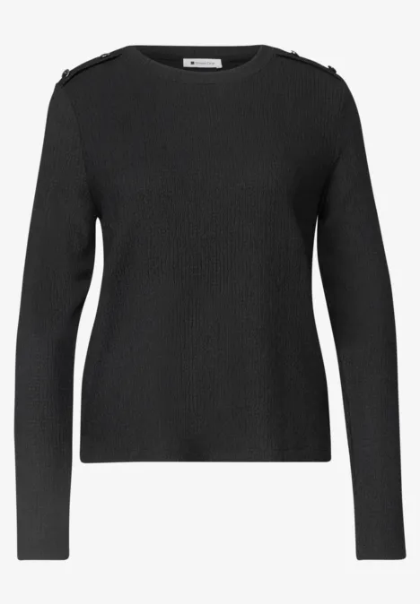 Langarm Shirt mit Struktur und Knöpfen Black Schwarzer Pullover mit langen Ärmeln und Schulterapplikationen, schlicht und elegant.