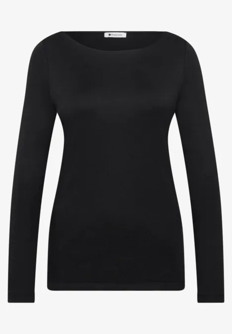 Schwarzes, schlichtes Langarmshirt mit Rundhalsausschnitt.