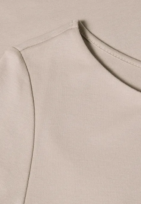 Beige T-Shirt mit Rundhalsausschnitt, glatter Baumwollstoff