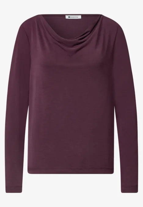 Violettes Langarmshirt mit Wasserfallkragen, schmal geschnitten und schlicht.