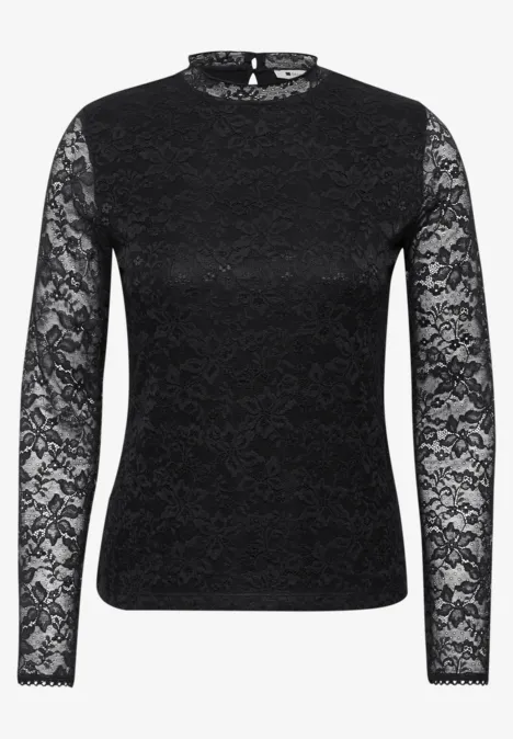Schwarzes Spitzen-Longsleeve mit hohem Kragen und langen Ärmeln.