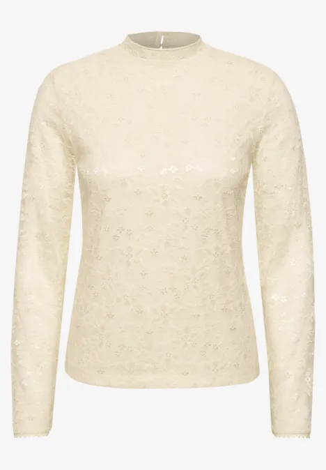 Beiges, semitransparentes Spitzen-Longsleeve mit Rundhalsausschnitt und langen Ärmeln.