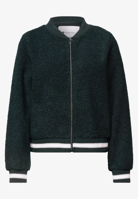 Flauschige, dunkelgrüne Teddy-Fleece-Bomberjacke mit Reißverschluss und gestreiften Bündchen.