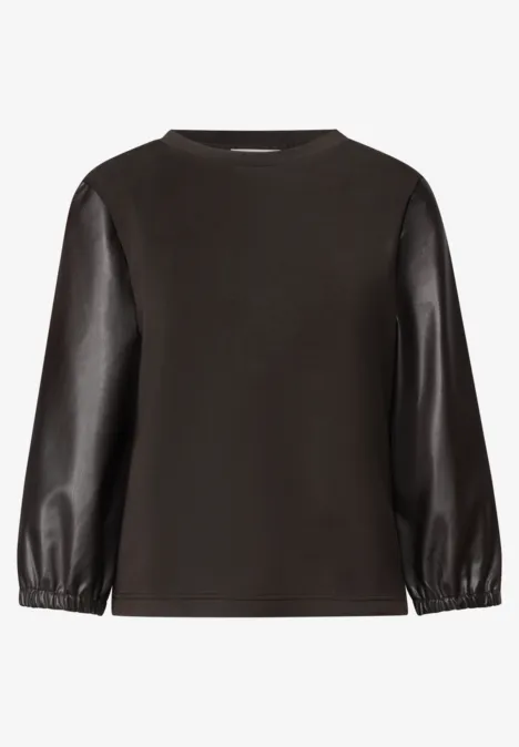Shirt mit 3/4-Ärmeln in Leder-Optik black coffee Schwarzes Langarm-Shirt mit rundem Ausschnitt und glänzenden, ballonartigen Ärmeln.