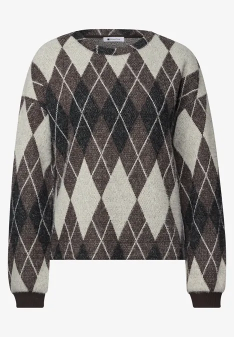 Jasje met ruitpatroon black coffee Braun-weißes Strickpullover mit Rautenmuster, Rundhalsausschnitt und langen Ärmeln.
