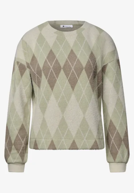 Shirt met lange mouwen, ronde hals en ruitjespatroon eucalyptus green Pastelgroene gebreide trui met beige-witte ruitprint in argyle-patroon, lange mouwen, rechte pasvorm.
