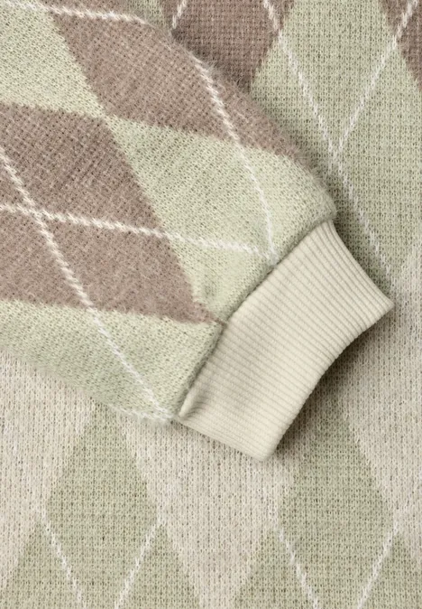 Shirt met lange mouwen, ronde hals en ruitjespatroon eucalyptus green Close-up van een argyle gebreide trui in zachte groen- en beigetinten.