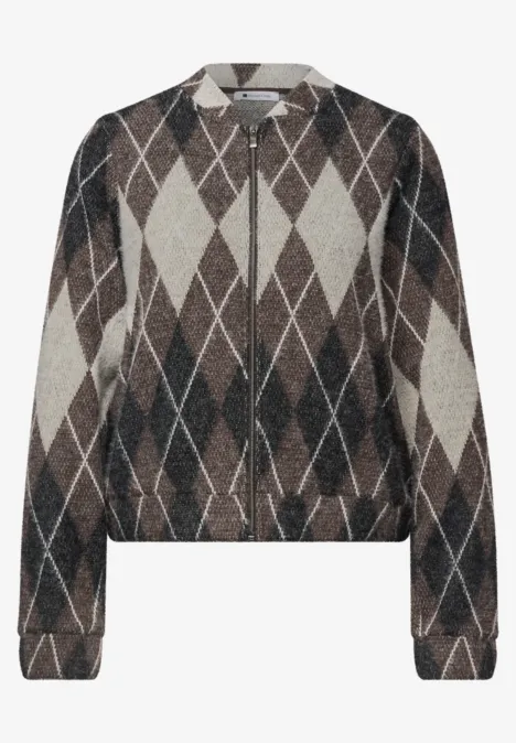 Langarm Blouson mit Karomuster black coffee Brauner Strickpullover mit cremefarbenem Rautenmuster