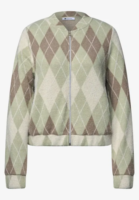 Blouson met lange mouwen en ruitjespatroon eucalyptus green Kortgebreid vest met rits en ruitpatroon in groene en beige tinten.