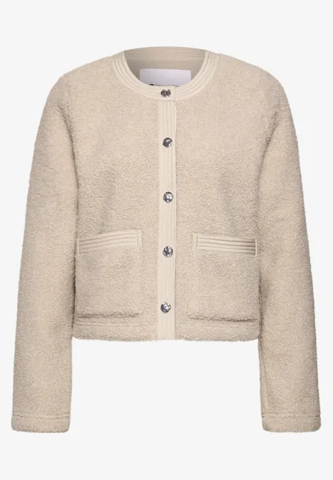 Teddyjasje met structuurdetails clay sand Crème teddy-fleece cardigan met knoopsluiting en twee opgestikte zakken, casual cropped model.