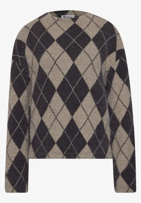 Langarm Shirt mit Turtle Neck und Muster clay sand Pullover mit dunkelgrauem und beigem Rautenmuster, langärmlig, gerade geschnitten.