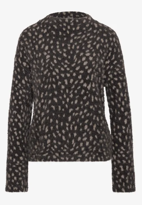 Langarm Shirt mit Turtle Neck und Muster black coffee Schwarzer Pullover mit dezentem beigem Blattmuster, langärmlig und leger geschnitten