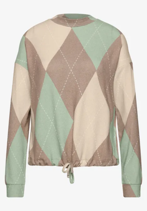 Langarm Shirt mit Turtle Neck und Muster eucalyptus green Pullover mit Rautenmuster in Beige und Mintgrün, Rundhalsausschnitt, Kordelzug am Saum.