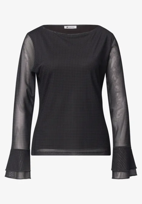 Schwarzes, langärmeliges Mesh-Shirt mit transparenten Ärmeln und dezentem Karomuster.