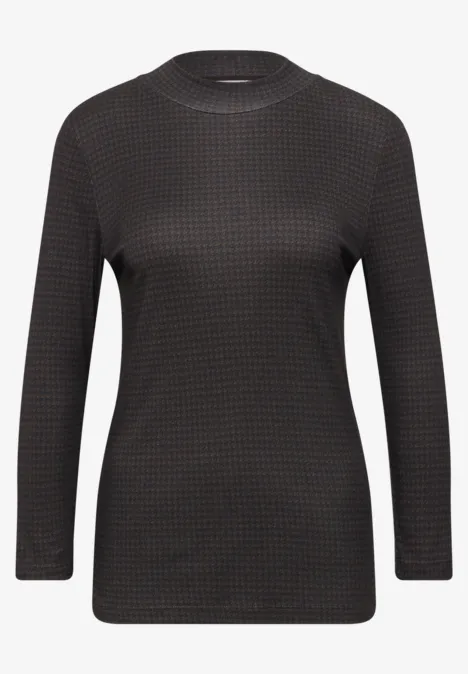 3/4-Arm Shirt mit Turtle Neck und Print black coffee Schwarzes, langärmeliges Damenoberteil mit feinem Karomuster und Rundhalsausschnitt.
