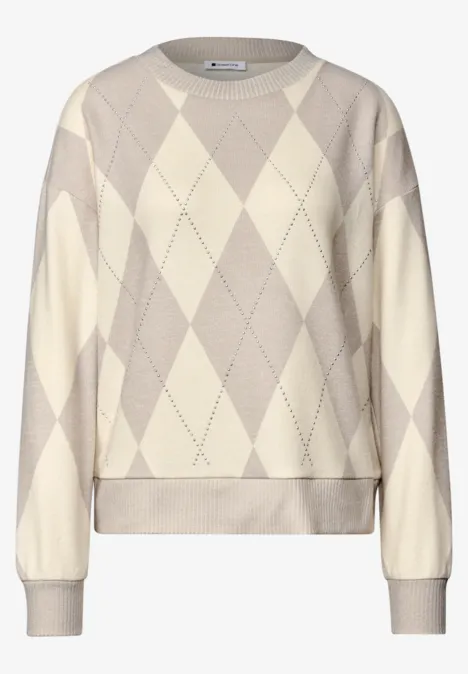 Beige gebreide trui met ruitmotief en ronde hals