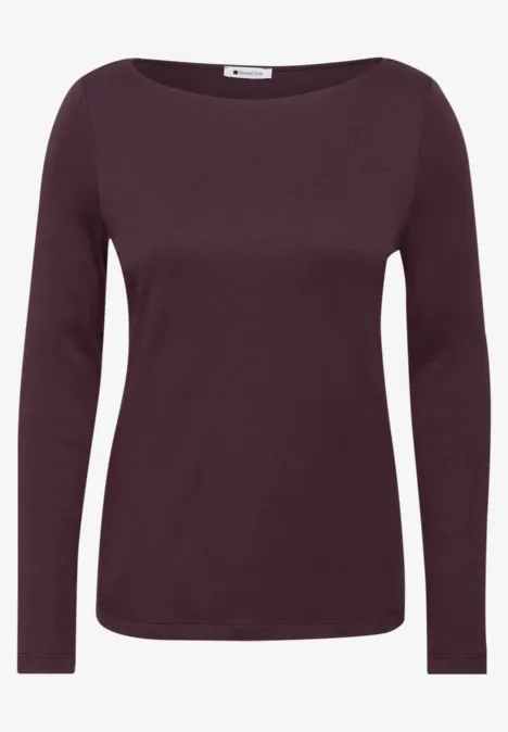 Dunkelrotes, langärmeliges Damen-Shirt mit Rundhalsausschnitt, schlichte Passform.