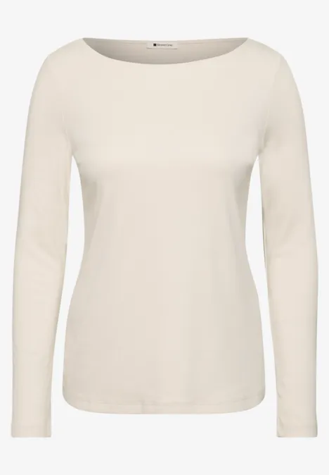 Cremeweißes Damen-Langarmshirt mit rundem Ausschnitt