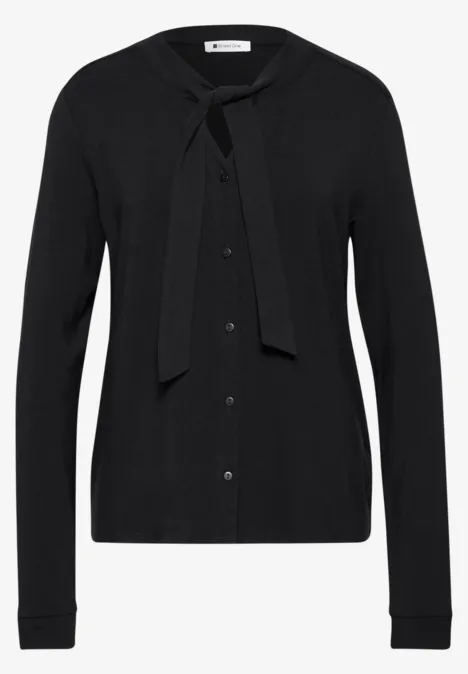 Langarm Shirt im Blusen-Look Black Schwarze Strickjacke mit langen Ärmeln und Bindeschleife am Kragen.