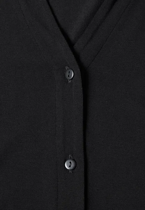 Langarm Shirt im Blusen-Look Black Schwarzer Strickcardigan mit V-Ausschnitt und Knopfleiste