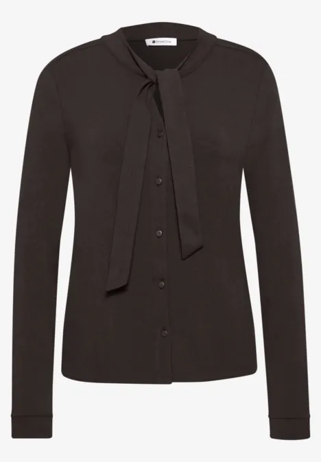 Langarm Shirt im Blusen-Look black coffee Braune, langärmlige Strickjacke mit Knopfleiste und Schleifenband am Kragen.