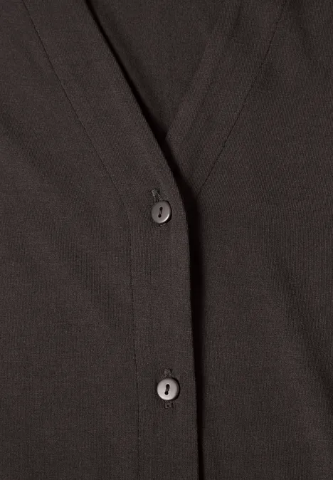 Langarm Shirt im Blusen-Look black coffee Nahaufnahme eines dunkelbraunen Cardigans mit Knöpfen.